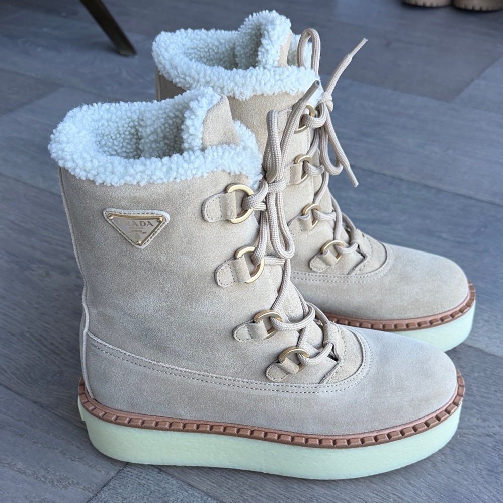 Prada Women's Cream Shearling Lace-Up Boots